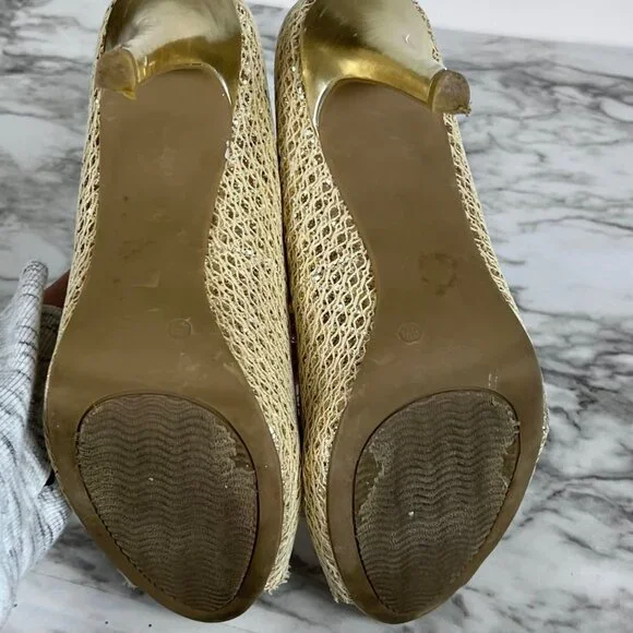AUDREY Brook Peep Toe Heels Quillan Gold Cross Stitch size 9.5 - Picture 11 of 13